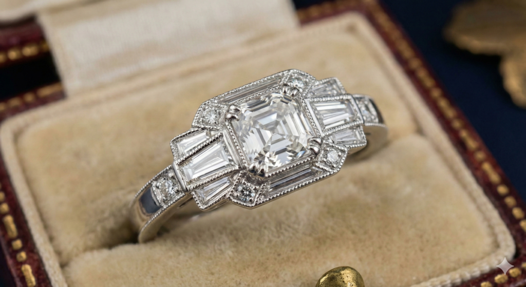 art deco style engagement ring with geometric baguette side stones and milgrain details